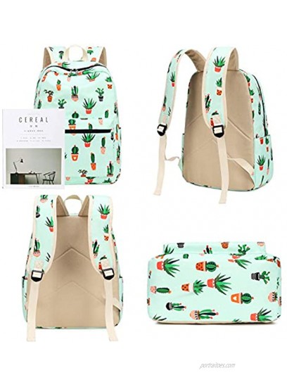 Teen Girls Backpack School Book Bag Set with Lunch Box and Pencil Case for Kids and Children Cactus Green-0042