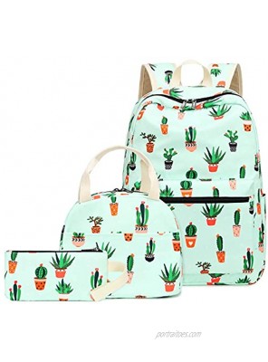 Teen Girls Backpack School Book Bag Set with Lunch Box and Pencil Case for Kids and Children Cactus Green-0042
