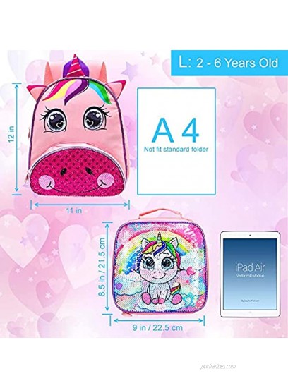 Toddler Backpack for Girls 12 Unicorn Sequin Bookbag and Lunch Box