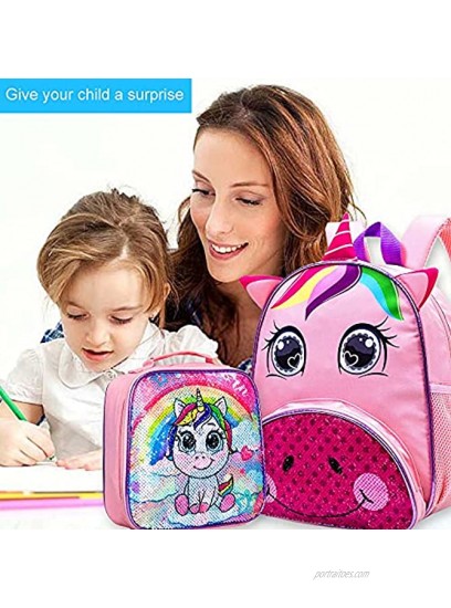 Toddler Backpack for Girls 12 Unicorn Sequin Bookbag and Lunch Box