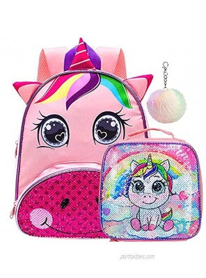 Toddler Backpack for Girls 12" Unicorn Sequin Bookbag and Lunch Box