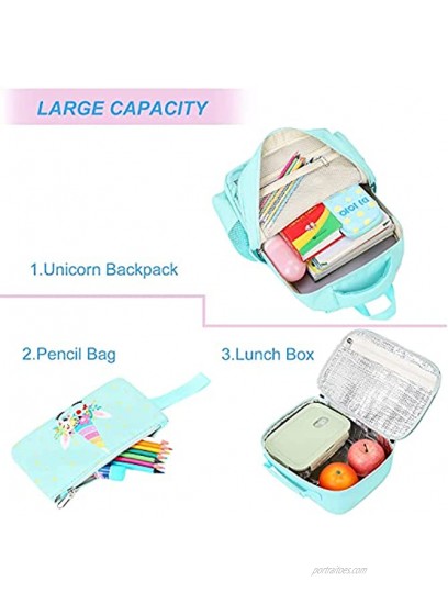 Unicorn Backpack for Girls Kids Backpacks Toddler Bookbags with Lunch Box Pencil Bag 3 in 1 Sets School Bags for Age 3+ Green Unicorn