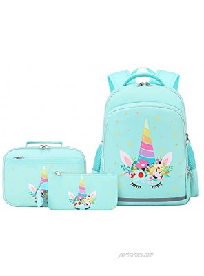 Unicorn Backpack for Girls Kids Backpacks Toddler Bookbags with Lunch Box Pencil Bag 3 in 1 Sets School Bags for Age 3+ Green Unicorn