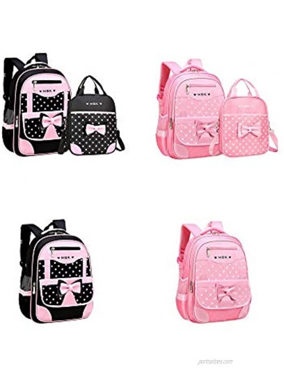 VIDOSCLA 2Pcs Bowknot Wave Point Prints Primary School Bookbag Kids School Backpack Sets for Girls