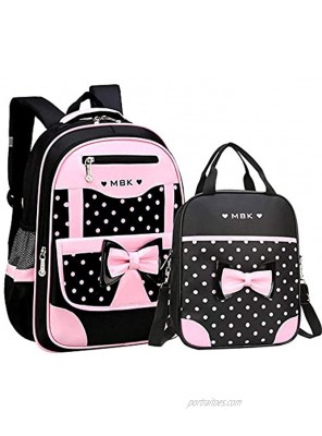 VIDOSCLA 2Pcs Bowknot Wave Point Prints Primary School Bookbag Kids School Backpack Sets for Girls