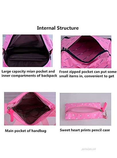 VIDOSCLA 3Pcs Heart Printing Backpack Sets Bowknot Primary Schoolbag Travel Daypack Shoulder Bag Girls Rucksack knapsack