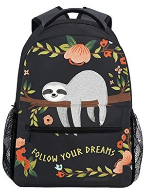 Wamika Funny Cute Sloth Tree Flowers Kids Backpack School Bookbags Daypack Bag Follow Yours Dreams Water Resistant Sloth Cat Tropical Floral Bags Children Backpack for 1th- 6th Grade Girls Boys