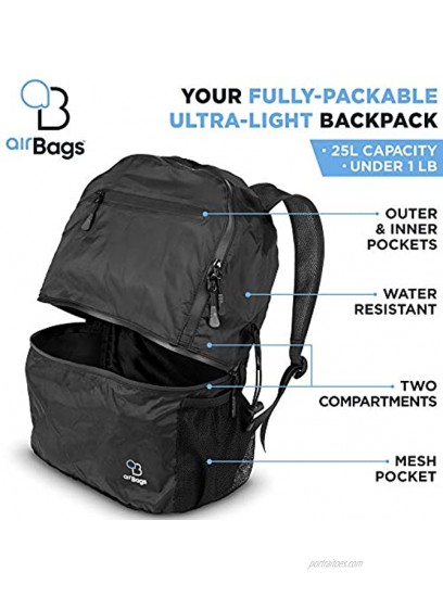 AirBags 25L Ultra Lightweight Packable Backpack for Travel Hiking and Gym – Water Resistant Foldable Daypack Bag
