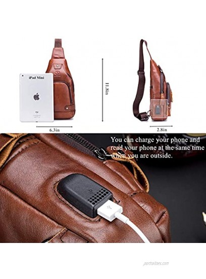 BULLCAPTAIN Sling Bag Crossbody Backpack with USB Charging Port Genuine Leather Hiking Travel Daypack XB-129 Brown