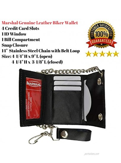 BLACK GENUINE LEATHER Trifold Biker's Wallet ID Card Holder w Chain Skull