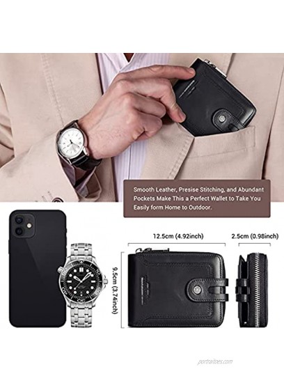 Genuine Leather Men Wallet RFID Blocking Zipper Bifold Wallets with ID Window Card Case Hasp and Zip Coin Pocket Black