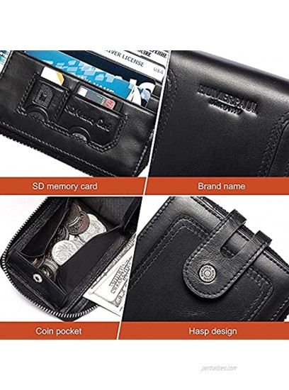 Genuine Leather Men Wallet RFID Blocking Zipper Bifold Wallets with ID Window Card Case Hasp and Zip Coin Pocket Black