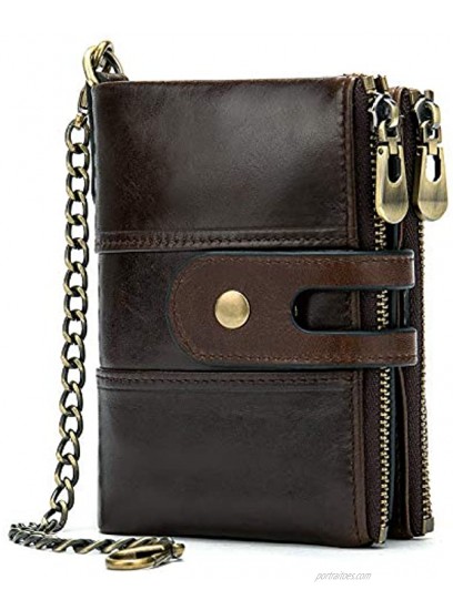 Genuine Leather Soft Bifold Rfid Wallets for Men Coin Purse Keychain Snap Zip Wallet with Chain