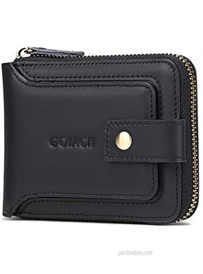 GOIACII Men Wallet Genuine Leather RFID Blocking Bifold Wallet with ID Window Zip Coin Pocket