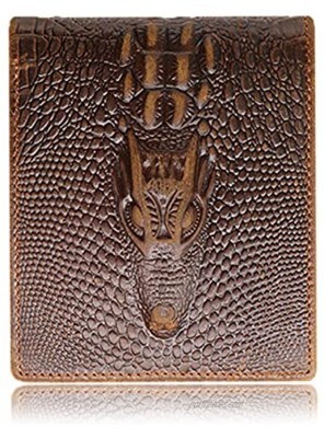 HRS Crocodiile Wallets for Men- Ultra Slim Genuine Leather Mens Bifold Wallet Vintage Personal Unique with Alligator Embossed
