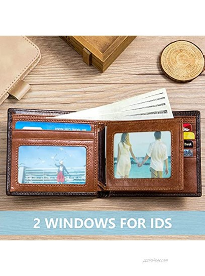 Wallets for Men Slim Bifold Vintage Genuine Leather Front Pocket RFID blocking Wallet with 2 ID Windows Brown