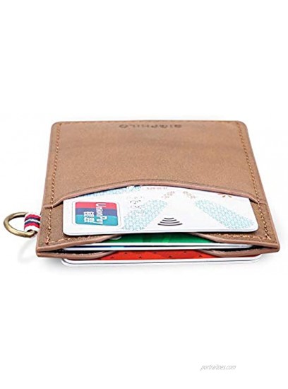BIGPHILO Slim Minimalist Leather Wallet Keychain Card Holder with Wrist Lanyard