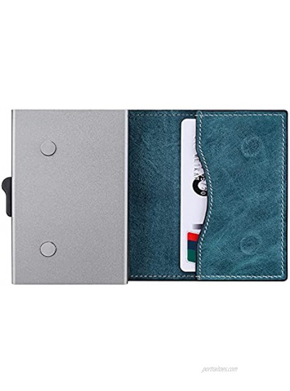 Elfish RFID Blocking Credit Card Protector Aluminum ID Case Hard Shell Business Card Holders Metal Wallet for Men or Women Blue leather