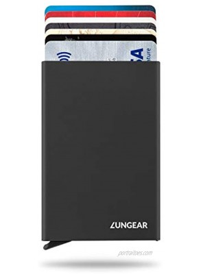 LUNGEAR RFID Credit Card Holder Minimalist Slim Wallet Front Pocket Card Protector Automatic Pop up Design Aluminum Metal Up to Hold 6 Cards Black）