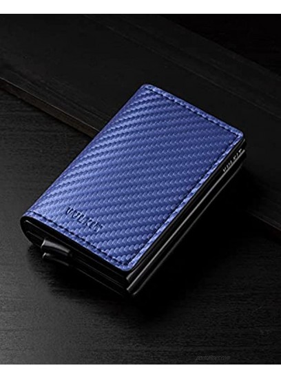 VULKIT Pop Up Wallet Automatic Leather Slim Credit Card Holder RFID Blocking Metal Double Card Case for Men and Women Carbon Blue