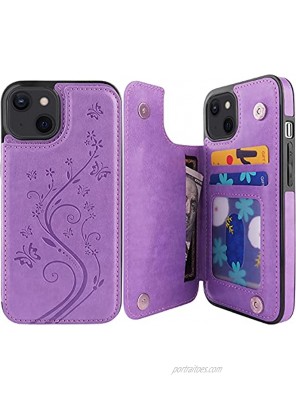 Pretocter for iPhone 13 Wallet Case with Card Holder Butterfly Flower Embossed Faux Leather Kickstand Card Slots Case Handmade Shockproof Protective Slim Soft Flip Phone Case 2021 6.1" Purple