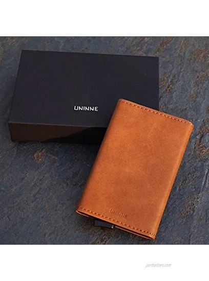 UNINNE Slim Leather Credit Card Holder RFID Blocking Aluminum Pop-up Design Card Case for Men and Women