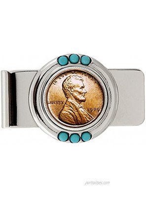 Coin Money Clip 1909 First-Year-of-Issue Lincoln Penny | Brass Moneyclip Layered in Silver-Tone Rhodium | Genuine Turquoise Stones | Holds Currency Credit Cards Cash | Genuine U.S. Coin
