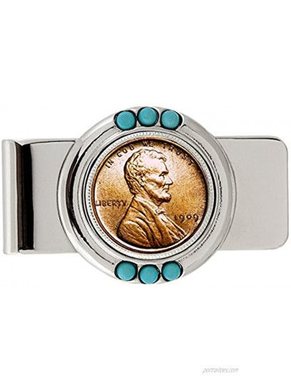 Coin Money Clip 1909 First-Year-of-Issue Lincoln Penny | Brass Moneyclip Layered in Silver-Tone Rhodium | Genuine Turquoise Stones | Holds Currency Credit Cards Cash | Genuine U.S. Coin