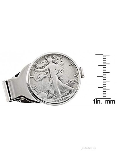 Coin Money Clip Silver Walking Liberty Half Dollar | Brass Moneyclip Layered in Silver-Tone Rhodium | Holds Currency Credit Cards Cash | Genuine U.S. Coin | Certificate of Authenticity