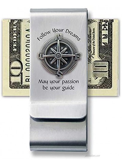 Follow Your Dreams Silver Metal Satin Steel 2 Double Money Clip Holds Cash and Credit Cards Perfect Gift for Any Occasion Including Graduation.