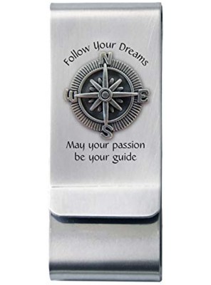 Follow Your Dreams Silver Metal Satin Steel 2" Double Money Clip Holds Cash and Credit Cards Perfect Gift for Any Occasion Including Graduation.