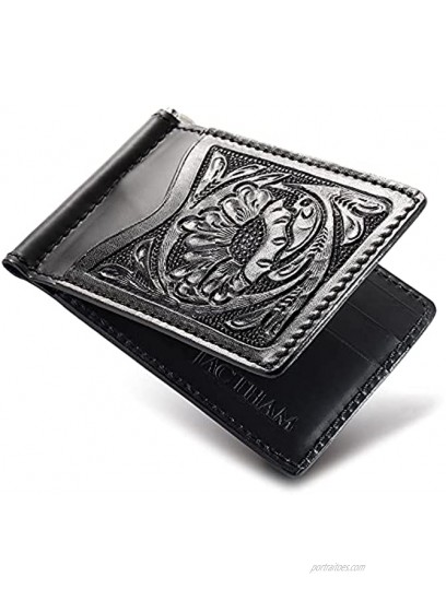 JACTHAM Thai Handcrafted Genuine Leather Floral Hand-Carved Money Clip Wallet Slim Wallet with Cards Pockets Handmade in Thailand Assembled in Japan Majesty Black