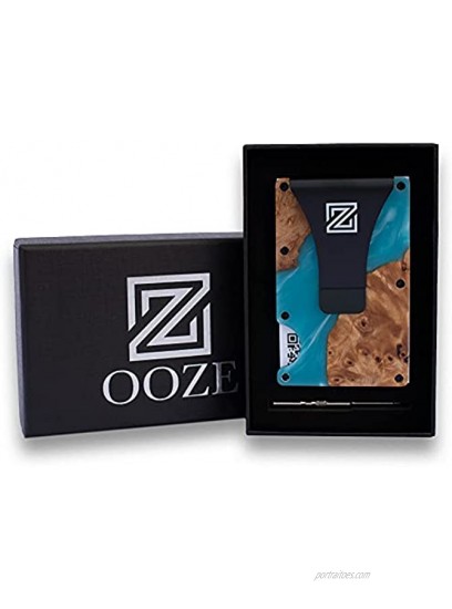 OOZE Slim Wood-Resin Wallet with Money Clip RFID Blocking Modern Credit Card ID and Business Card Holder for Men Unique Natural Wood and Flowing Resin Design Accordion Elastic Band Mechanism Fits 15+ Cards Blue