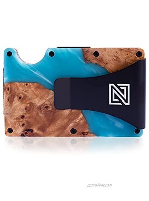 OOZE Slim Wood-Resin Wallet with Money Clip RFID Blocking Modern Credit Card ID and Business Card Holder for Men Unique Natural Wood and Flowing Resin Design Accordion Elastic Band Mechanism Fits 15+ Cards Blue