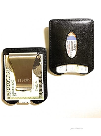 Storus Smart Money Clip Leather Stainless Steel Money Clip + Leather Wallet Minimalist RFID Black Italian Leather for Men Women Gift 1pc