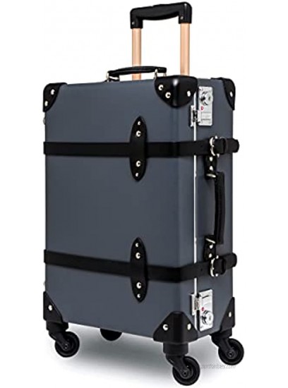 NZBZ Luxury Vintage Luggage with Wheels Tsa lock Genuine Leather Retro Cute Suitcase Gray 20