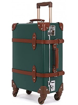NZBZ Luxury Vintage Trunk Luggage with Wheels Tsa lock Genuine Leather Retro Cute Suitcase Green 26"