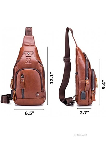 BULLCAPTAIN Leather Men Sling Bags Travel Crossbody Chest Bag Hiking Daypack with USB Charging Port Multi-Pocket