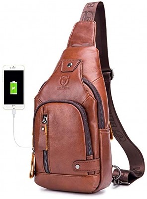 BULLCAPTAIN Leather Men Sling Bags Travel Crossbody Chest Bag Hiking Daypack with USB Charging Port Multi-Pocket