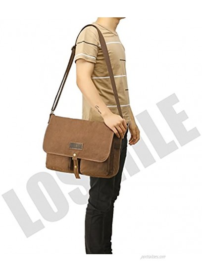 LOSMILE 15.6 Laptop Shoulder Bag Men's Messenger Bags Vintage Canvas Bag for School and Work Satchel Bags Large Size.Coffee