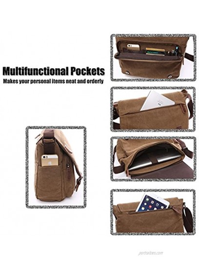 LOSMILE Laptop Messenger Bags Men's Shoulder Bag 16 Inches Vintage Canvas Bag for School and Work Multiple Pocket. Coffee