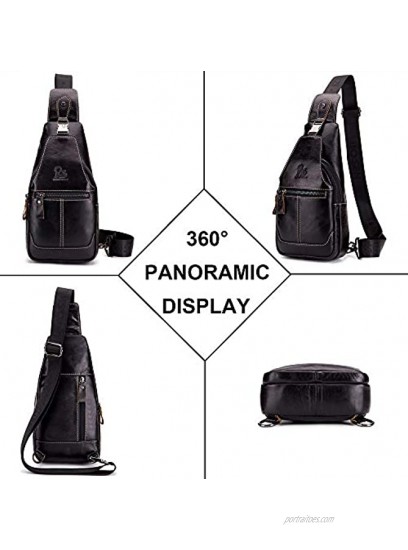 SIDNAZ Men's Genuine Leather Chest Shoulder Bag Vintage Multi Purpose Casual Travel Crossbody Bag UK898 Black