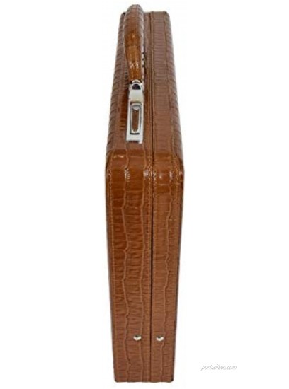 Brown Leather Croc Print Classic Attache Briefcase Bag Slim Line Dual Lock HOL87