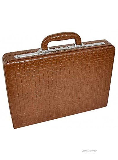 Brown Leather Croc Print Classic Attache Briefcase Bag Slim Line Dual Lock HOL87
