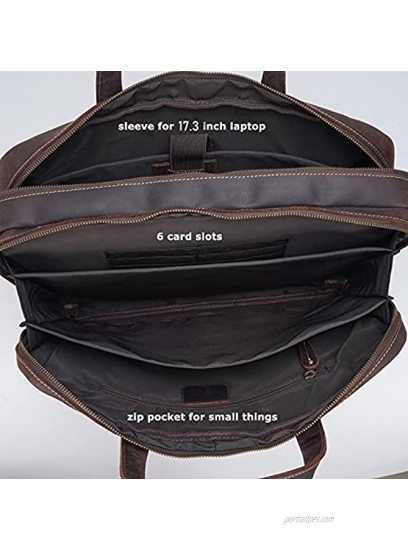 TIDING Mens Vintage Full Grain Leather Laptop Bag 17 Inch Business Briefcase Tote Shoulder Bag with Trolley Strap Lare Capacity Multi Pocket YKK Zippers Handbag