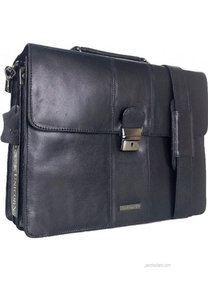 UNICORN Black Real Leather Bag Business Executive Briefcase Keylock Messenger #2N