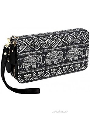 Bohemian Purse Wallet Canvas Elephant Pattern Handbag with Coin Pocket and Strap Large Black Elephant