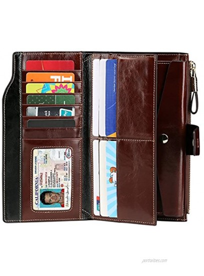 Itslife Women's RFID Blocking Large Capacity Luxury Wax Genuine Leather Clutch Wallet Card Holder Organizer Ladies Purse