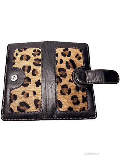 LW-1803 Black Leopard Ladies Wallet|10 card slots|1 card window|4 slide pockets|1 zip pocket | cowhide black leather & Cowhide Leopard