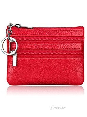 ALALEI Womens Mini Cute Genuine Leather Wallet Soft Coin Purse with Key Ring Chain and Zipper Pocket for Women and Teens Girls Red